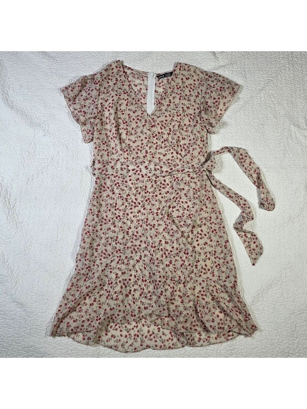 Shein Floral Print Flutter Sleeve Faux Wrap Dress
